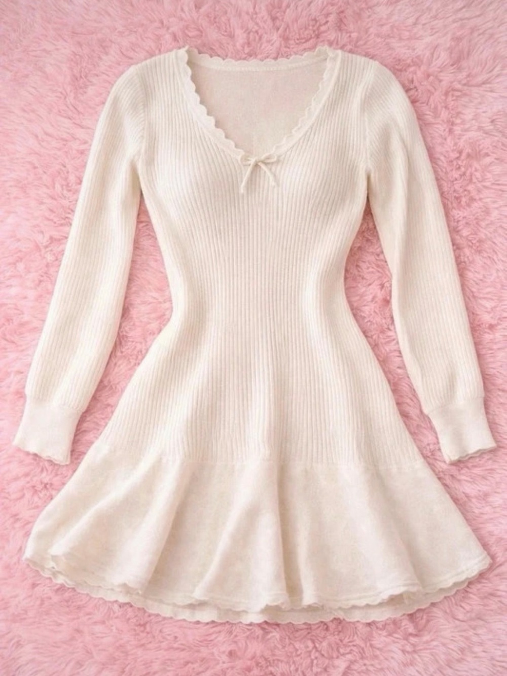 Wild Fable Cream Ribbed Knit Dress Medium NWT Fit & Flare Long Sleeve Mini - Picture 3 of 4